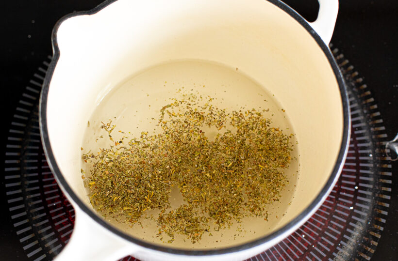 Brine ingredients in a saucepan.