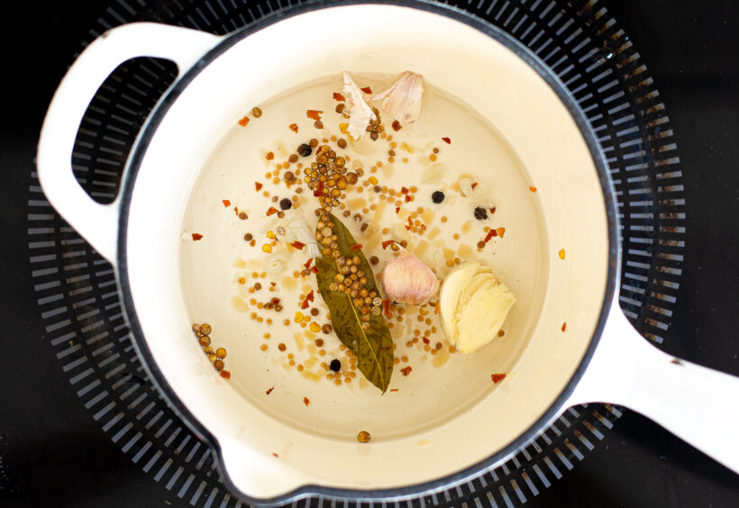 Brine ingredients in a saucepan.