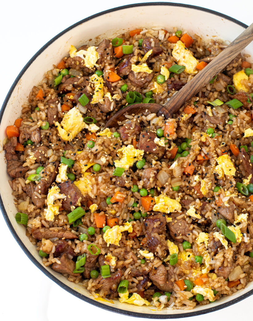 Pork fried rice in a skillet before being served.