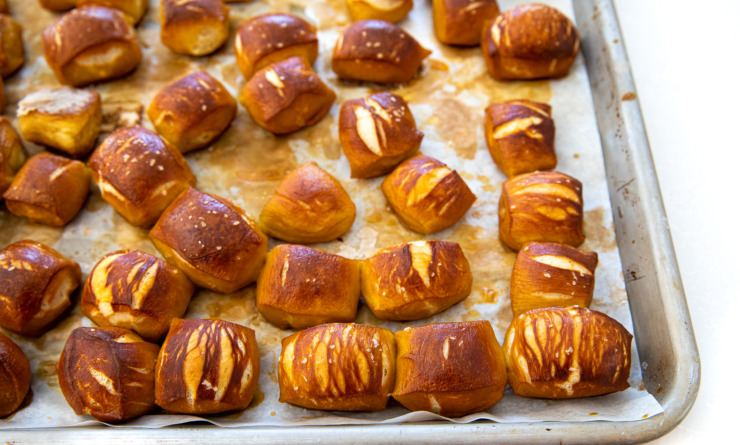 baked pretzel bites on baking sheet lined with parchment paper