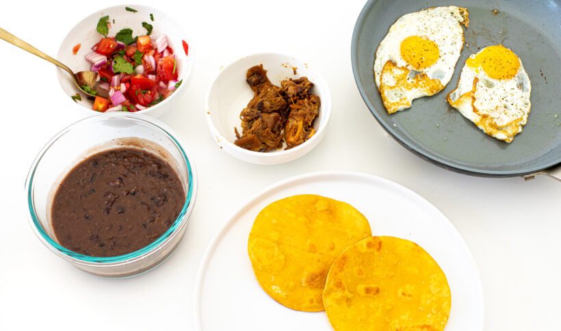 Ingredients needed for pulled pork breakfast tostadas recipe. 