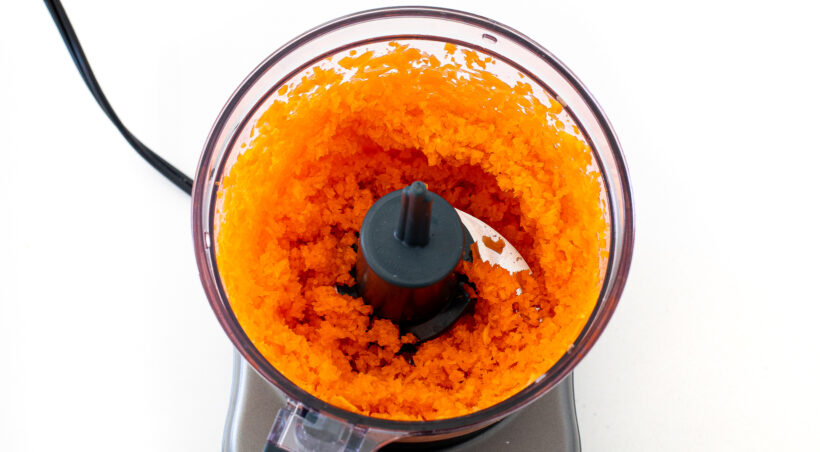 Carrots shredded in a food processor.