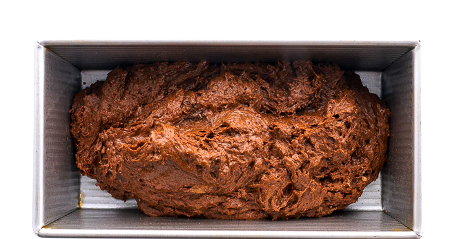 pumpkin chocolate batter in loaf pan