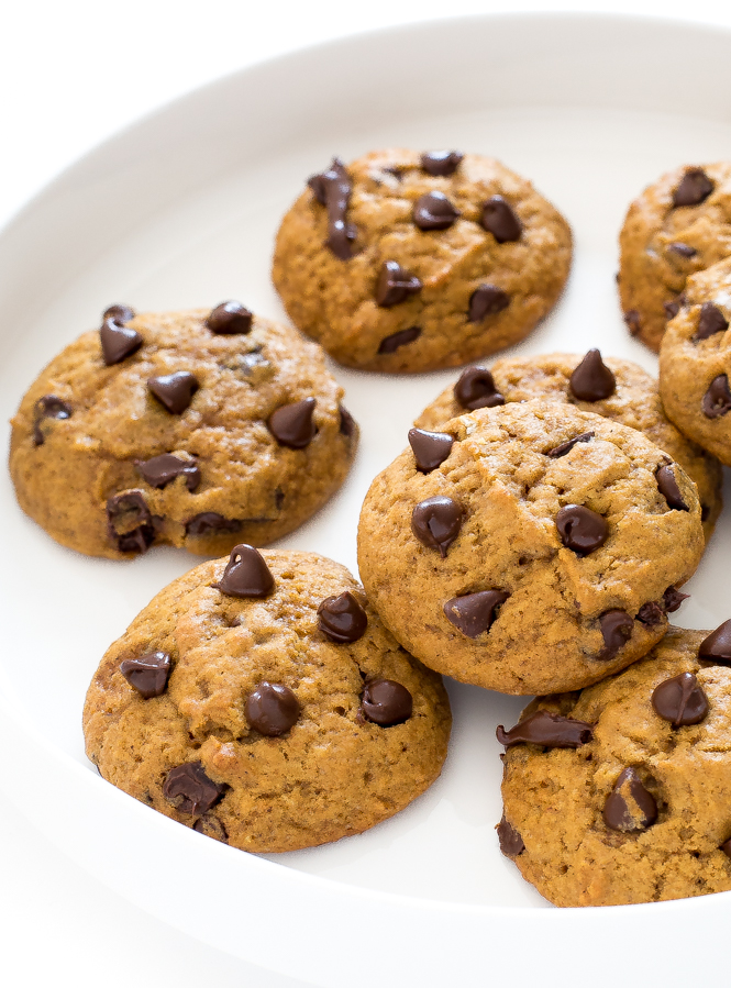 Cookies with Pumpkin and Chocolate Chips | chefsavvy.com Cookies with Pumpkin and Chocolate Chips on a white plate