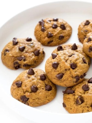pumpkin chocolate chip cookies on plate