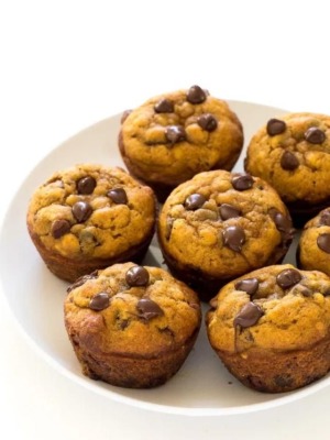 pumpkin chocolate chip muffins on white plate