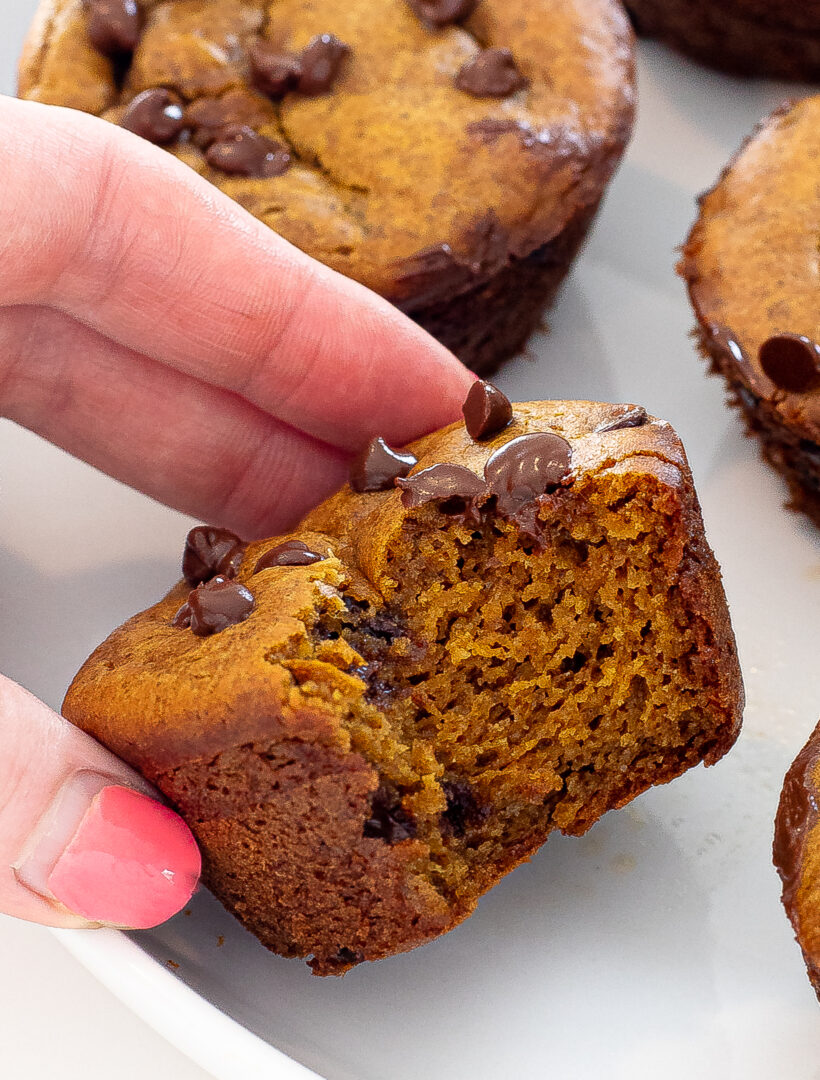 Hand holding a flourless pumpkin muffin with a bite taken out of it.