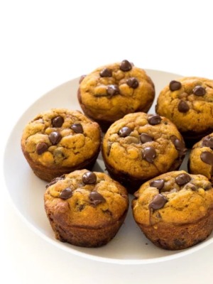 pumpkin chocolate muffins on white plate