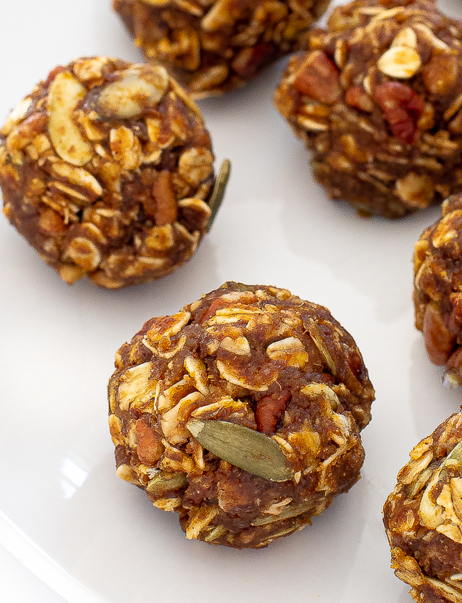 Close up of oat ball with a white background.
