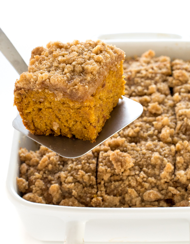 square slice of pumpkin coffee cake on silver spatula