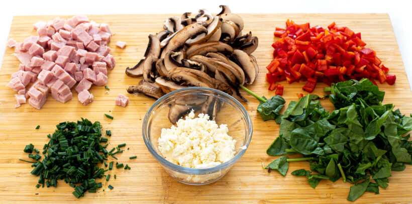 Ingredients needed for mini quiche recipe.