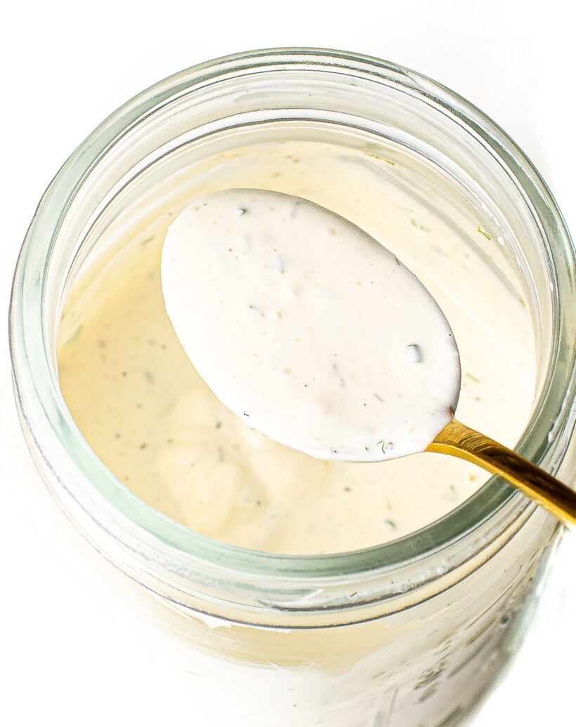 overhead shot of ranch dressing in mason jar
