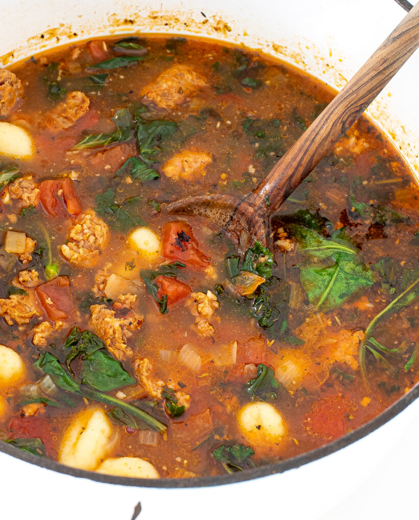 italian gnocchi soup in white cast iron