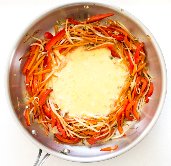 adding eggs to sautéed veggies in pan.