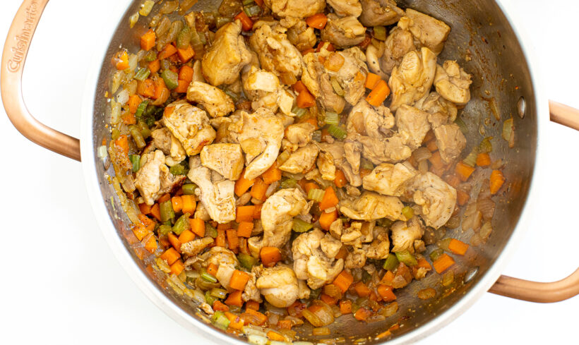 Chopped veggies and chicken in pot.