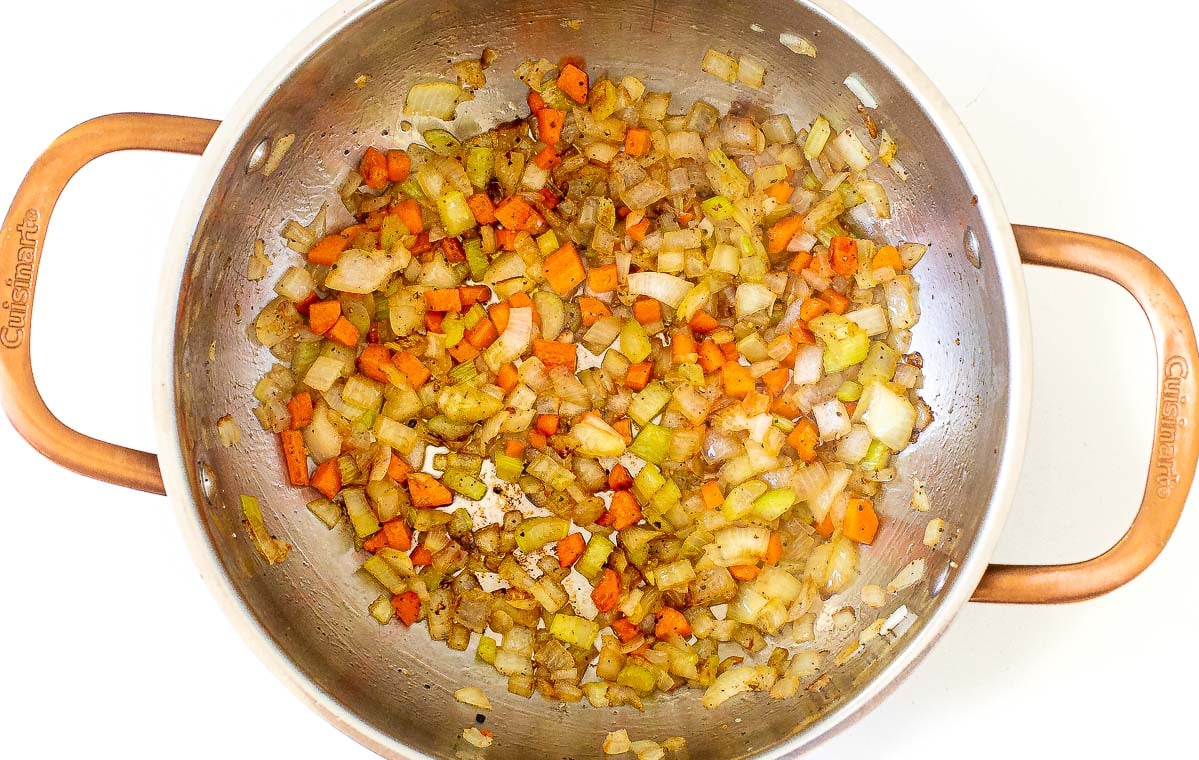 saut&eacute;ing mirepoix in pot