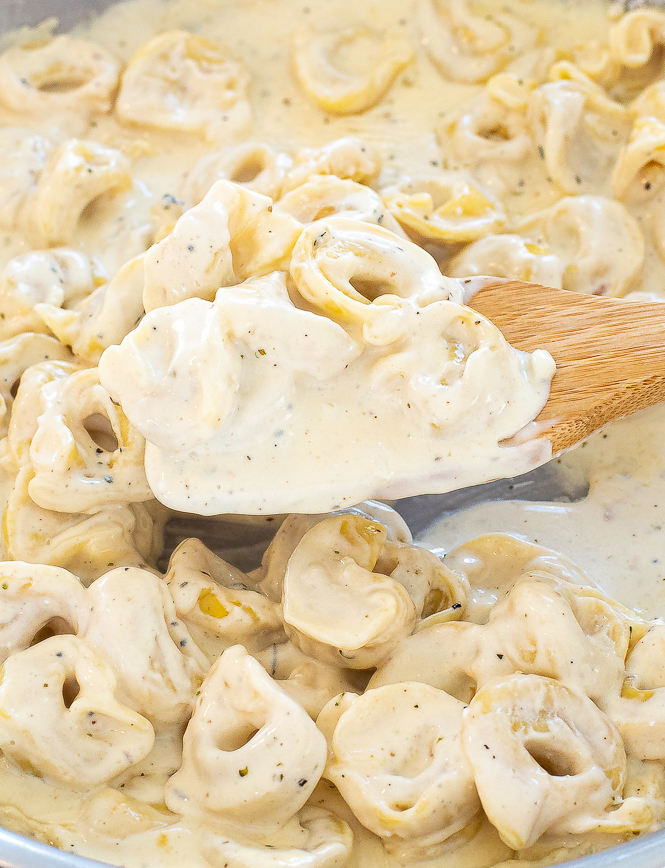 Up close shot of tortellini being scooped by a wooden spoon. 