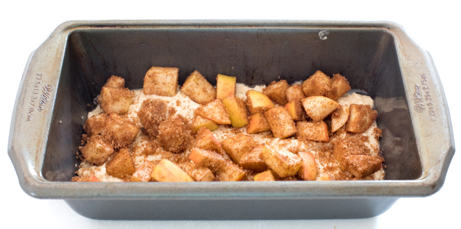 topping quick bread batter with cinnamon sugar apples
