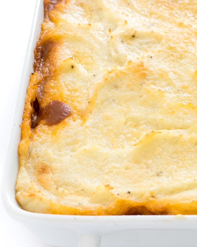 baked Shepards pie in white casserole dish