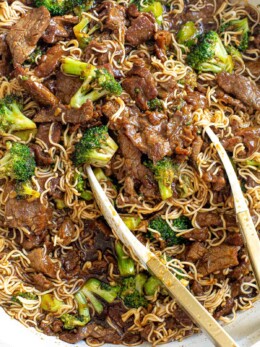 Saucy beef and broccoli with ramen noodles.
