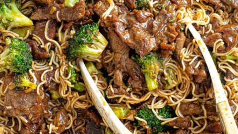 Saucy beef and broccoli with ramen noodles.