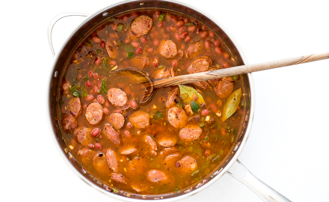 simmering rice and beans in broth