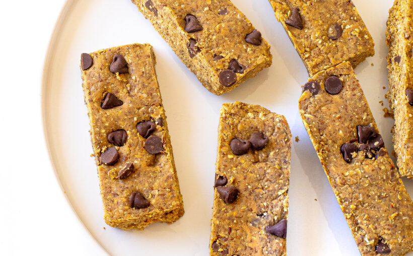 Protein bars on a white plate. 
