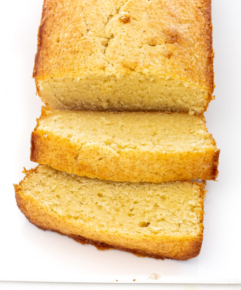 Pound cake loaf cut into slices. 