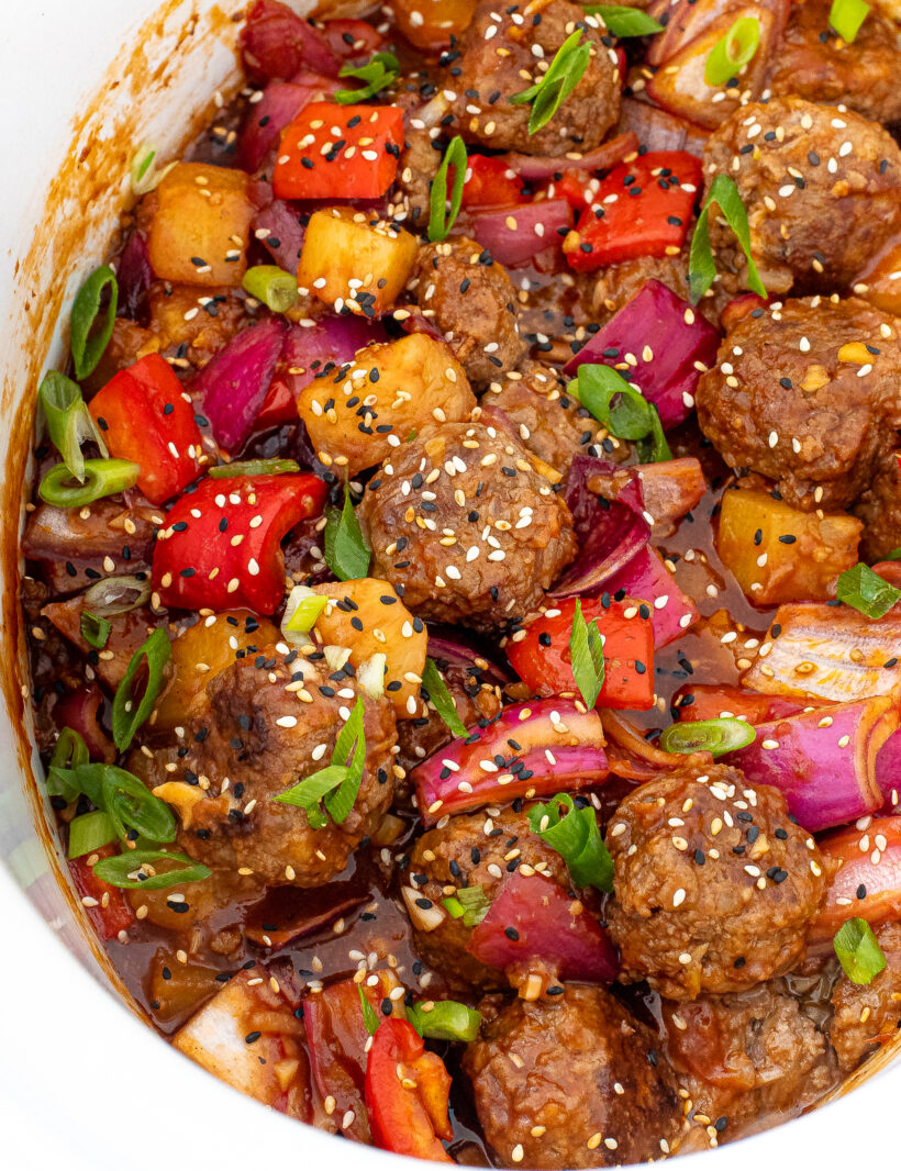 Slow Cooker Hawaiian Meatballs in a crockpot.