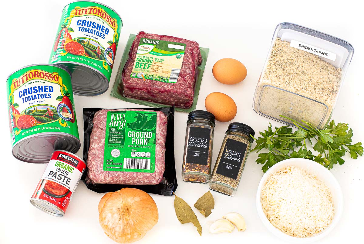 overhead shot of ingredients of crockpot Italian meatballs