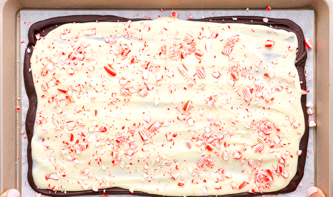 adding crushed peppermints on top of melted chocolate