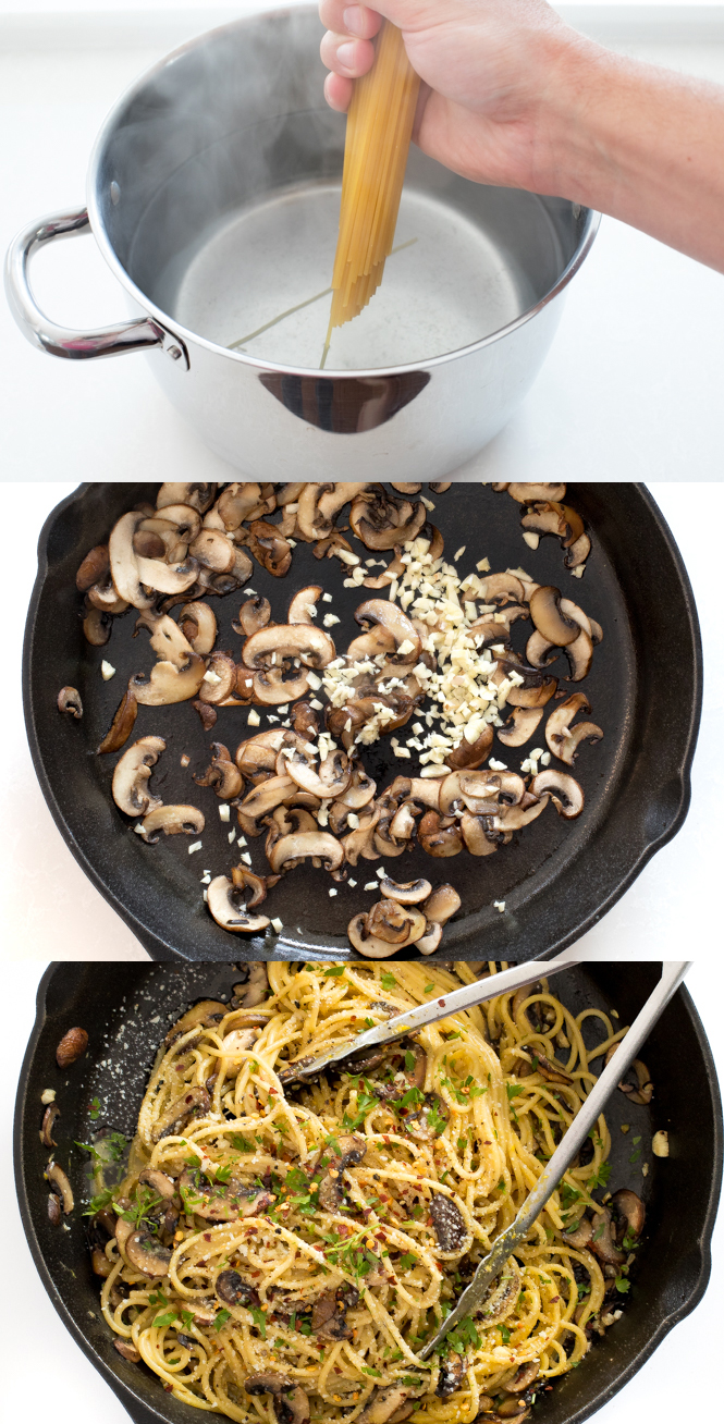 3 images that show some of the steps for making mushroom carbonara. The first image a hand is putting pasta in boiling water, the second image is mushrooms and garlic in a skillet, and the third image shows tongs grabbing mushroom carbonara out of a skillet.