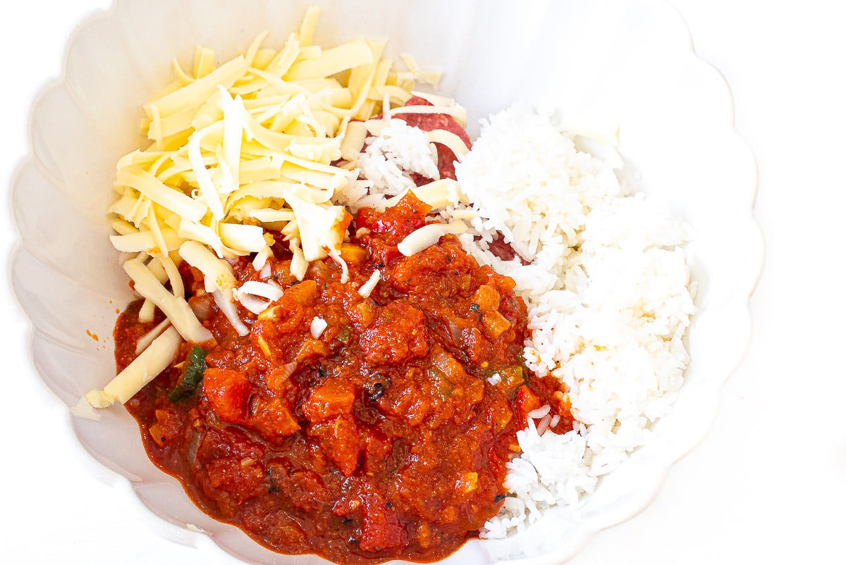 stuffed pepper filling ingredients in large white bowl