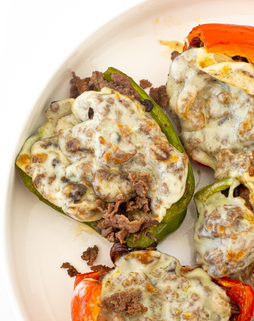 Cheesesteak Stuffed Peppers on a white plate.