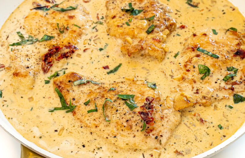 Marry me chicken in a skillet after cooking.