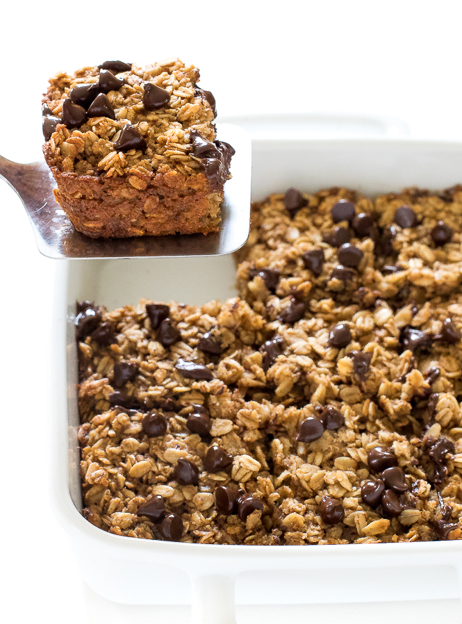 slice of baked oatmeal on silver spatula
