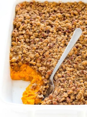 sweet potato casserole in dish with spoon