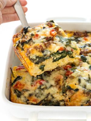 tater tot breakfast casserole pulled out of dish