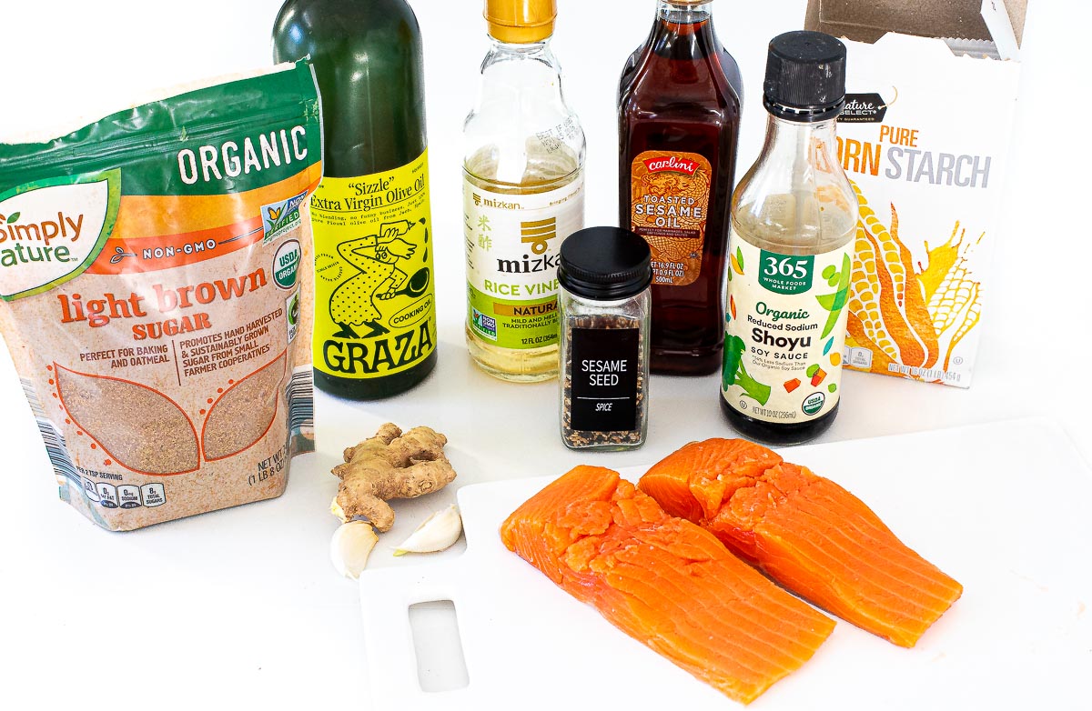 ingredients for easy teriyaki salmon on white counter top