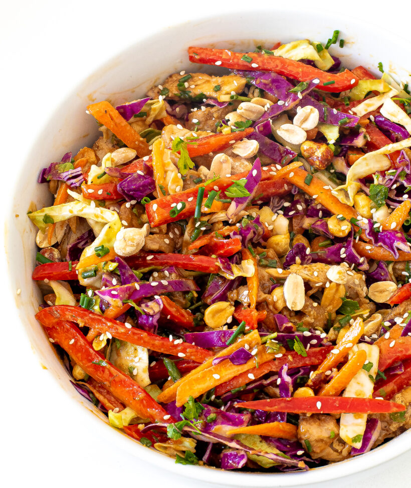 Thai chicken salad served in a large bowl. 
