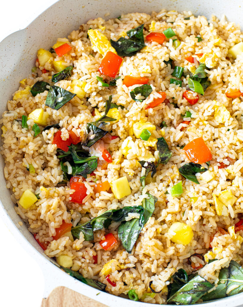 Pineapple Fried Rice in a white skillet.