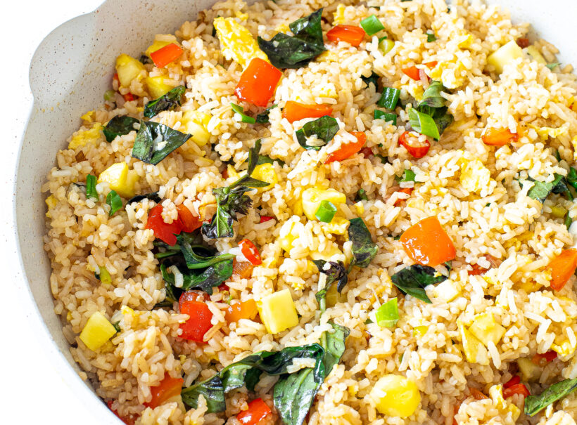 Thai Pineapple Fried Rice in a white skillet.
