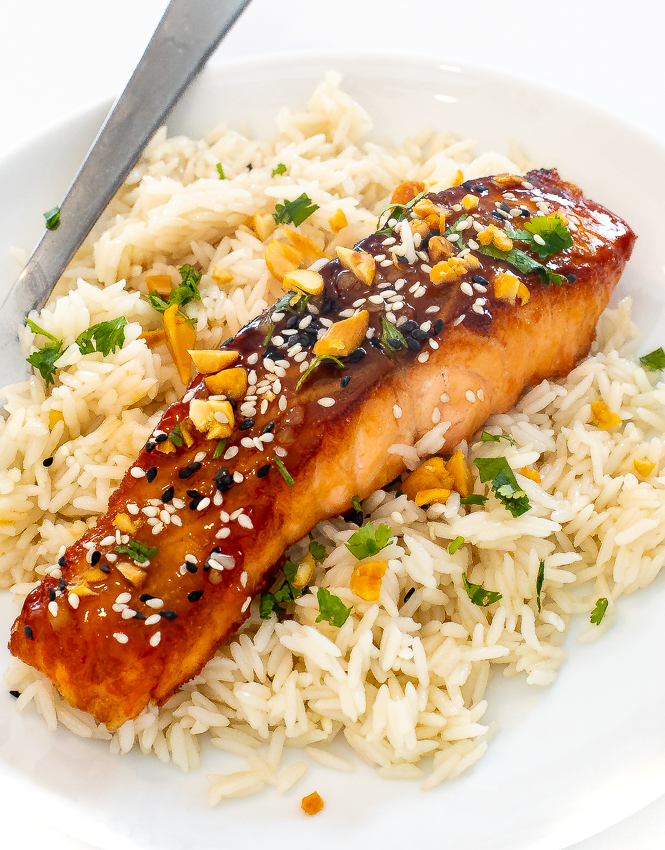 salmon on top of white rice