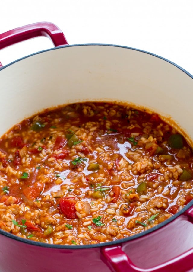 Stuffed pepper soup cooking in a large pot.