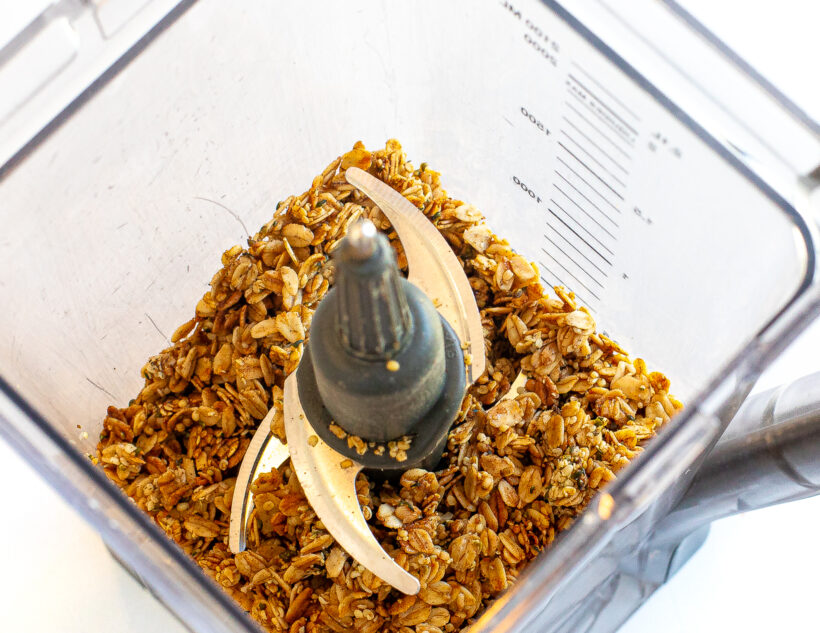 Granola in a blender before being blended. 