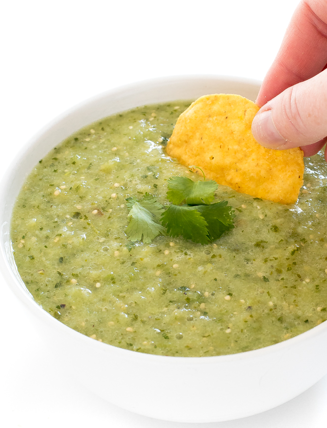 Authentic Salsa Verde Recipe in white bowl with tortilla chip