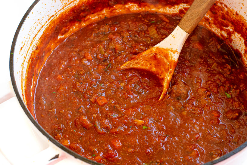 Bolognese sauce after being cooked and simmered in a pot.