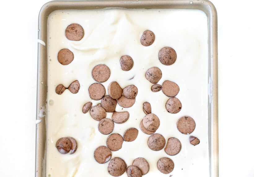 Churned ice cream with chocolate chips on top in a loaf pan. 