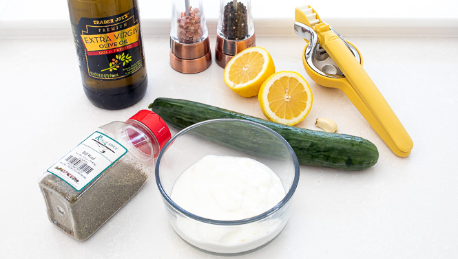 Ingredients needed for tzatziki sauce.