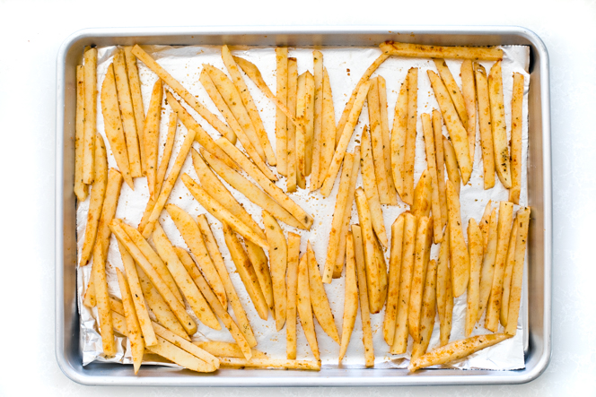 Fries on sheet tray with foil